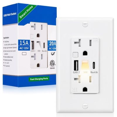 Wall Mounted Night Light USB Outlet 20A 2700K Tamper Resistant