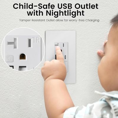Wall Mounted Night Light USB Outlet 20A 2700K Tamper Resistant