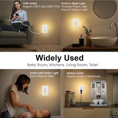 Wall Mounted Night Light USB Outlet 20A 2700K Tamper Resistant